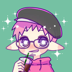 chibi cartoon image of a pale person with big pointy ears, a little stubbly beard, short pink hair under a slouchy black hat, wearing a red hoodie and holding an iced coffee with a green straw. the gender faun background is behind them